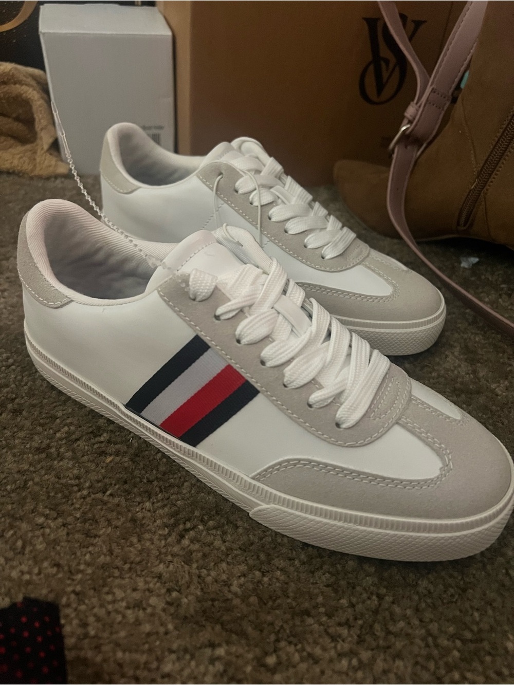 Tommy Hilfiger White Sneakers with Red & Navy Stripe